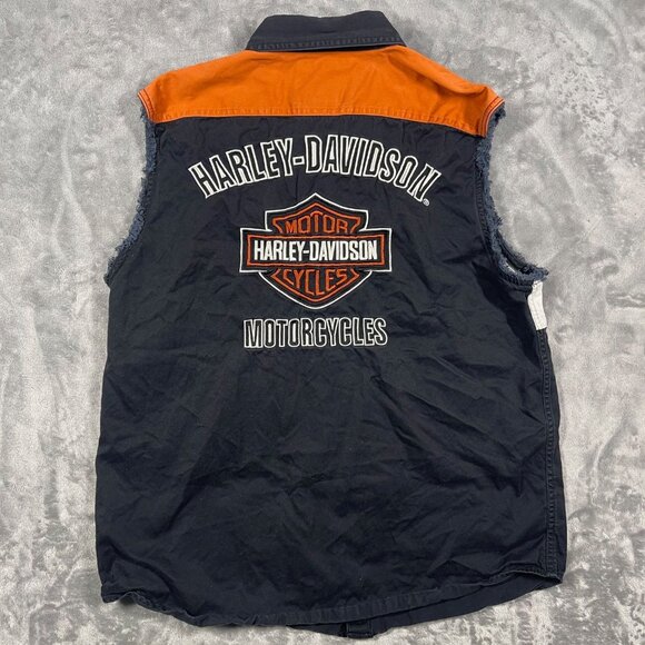 Harley-Davidson Sleeveless Button-Up Shirt Mens L Black Orange White Distressed - Picture 8 of 8